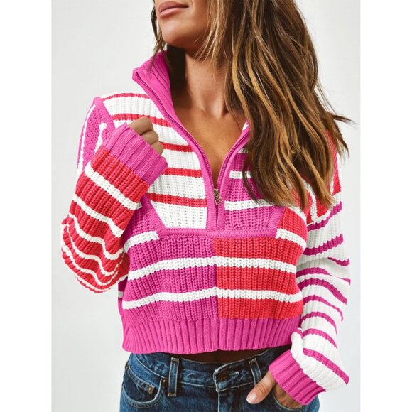 Women’s Rose Red Saodi mallsu Striped Cropped Zip Up Sweater, Color Block - Picture 5 of 6
